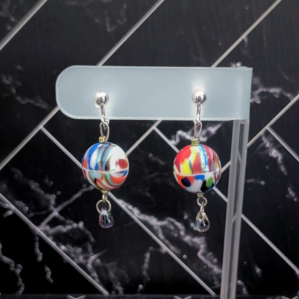 Vintage Clip On Earrings Multicolored Glass? Ball Dangle - Statement